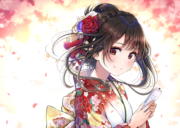 Anime picture 1631x1166 with original matsuno chiya kentaurosu single long hair looking at viewer blush fringe black hair simple background smile holding brown eyes payot upper body braid (braids) traditional clothes japanese clothes hair flower floral print