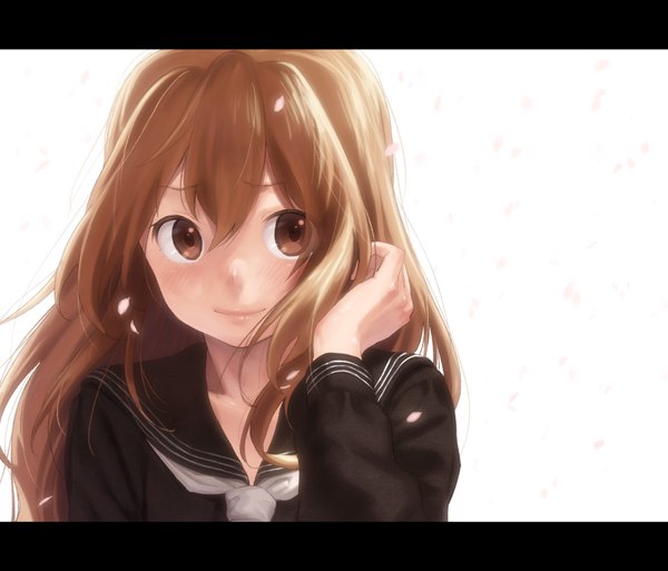 Anime picture 1175x1005 with toradora j.c. staff aisaka taiga ayaseto tsuki single long hair looking at viewer blush simple background brown hair white background brown eyes adjusting hair letterboxed girl uniform petals serafuku