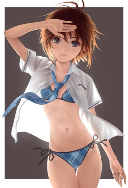 Anime picture 954x1400 with idolmaster kikuchi makoto nekopuchi single tall image looking at viewer short hair light erotic brown hair black eyes open clothes open shirt rough time school girl navel swimsuit bikini necktie