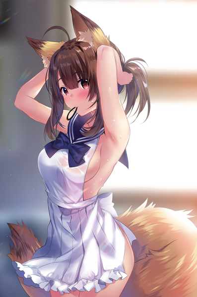 Anime picture 1324x2000 with original usagihime single long hair tall image looking at viewer blush fringe breasts light erotic hair between eyes red eyes brown hair standing holding animal ears payot ahoge ponytail indoors