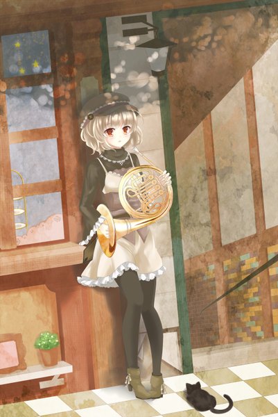 Anime picture 1000x1494 with original puracotte single tall image short hair red eyes standing full body white hair checkered floor floor girl dress shoes cat musical instrument lantern flat cap ankle boots waldhorn