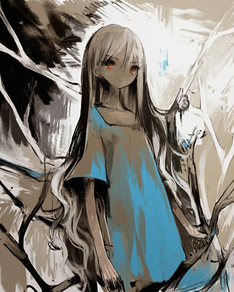 Anime picture 640x800 with original asahiro single long hair tall image looking at viewer fringe red eyes standing white hair short sleeves grey skin girl branch