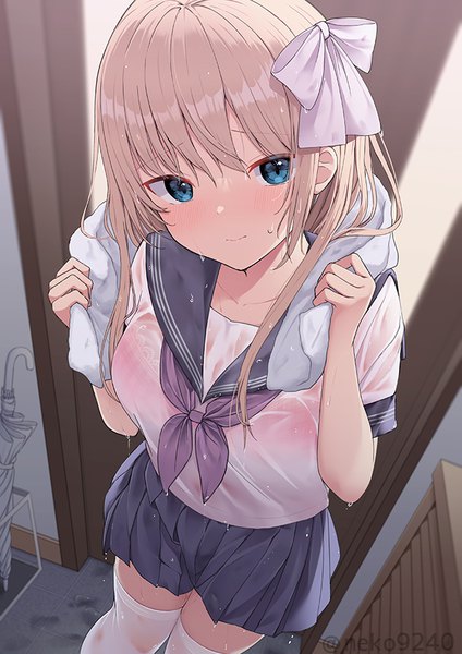Anime picture 636x900 with original moe2022 nekokobushi single long hair tall image looking at viewer blush fringe breasts blue eyes light erotic blonde hair hair between eyes large breasts standing signed payot indoors head tilt