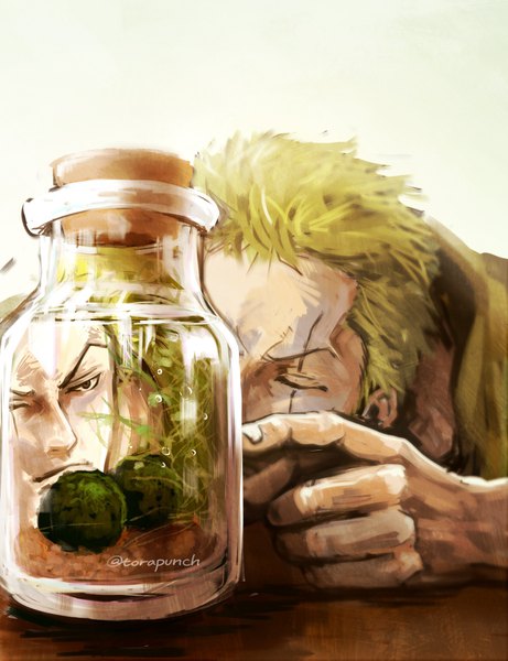 Anime picture 1182x1537 with one piece toei animation roronoa zoro torapunch single tall image short hair simple background signed one eye closed green hair black eyes twitter username reflection scar boy bubble (bubbles) glass jar