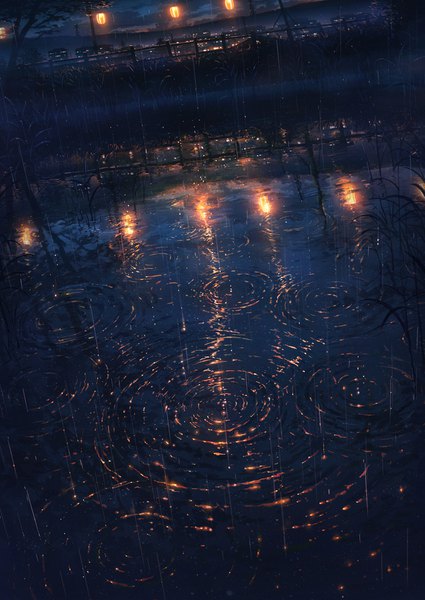 Anime picture 1217x1718 with original cola (pixiv) tall image cloud (clouds) outdoors night night sky reflection rain no people landscape scenic city lights ripples plant (plants) tree (trees) water grass lantern power lines