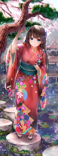 Anime picture 900x2417 with original kachayori single long hair tall image looking at viewer blush fringe blue eyes smile brown hair standing full body blunt bangs traditional clothes japanese clothes sunlight wide sleeves leaning leaning forward
