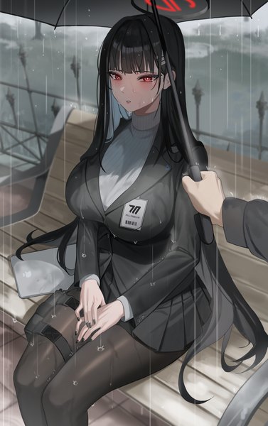Anime picture 2207x3508 with blue archive rio (blue archive) ddog long hair tall image looking at viewer fringe highres breasts black hair red eyes large breasts sitting holding outdoors blunt bangs long sleeves nail polish pleated skirt wet