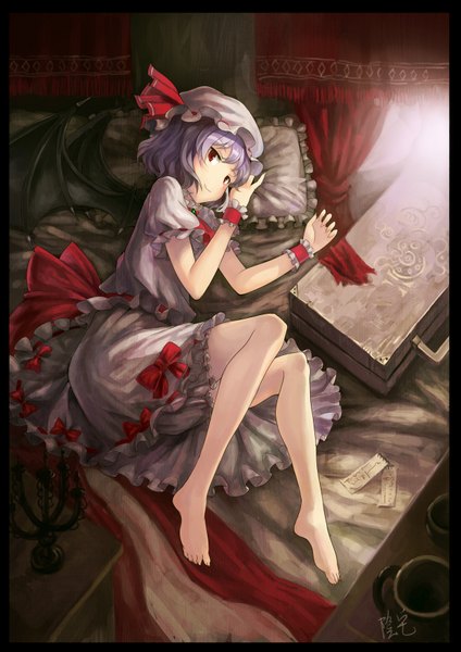 Anime picture 2480x3507 with touhou remilia scarlet oto taku (artist) tall image highres short hair red eyes purple hair lying girl dress bow wings wrist cuffs bonnet suitcase