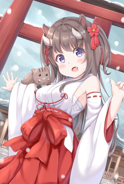 Anime picture 709x1049 with original keiran (ryo170) single long hair tall image looking at viewer blush fringe open mouth brown hair standing purple eyes animal ears payot sky outdoors traditional clothes head tilt japanese clothes pleated skirt