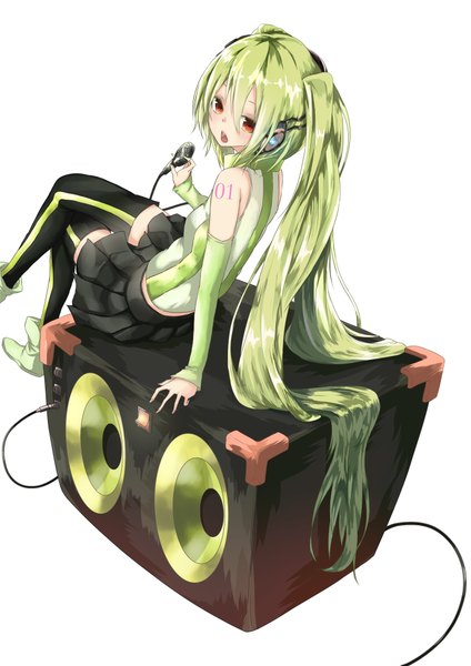 Anime picture 1500x2122 with vocaloid hatsune miku la-na single long hair tall image highres open mouth simple background white background sitting very long hair green hair arm support orange eyes tattoo crossed legs girl thighhighs skirt