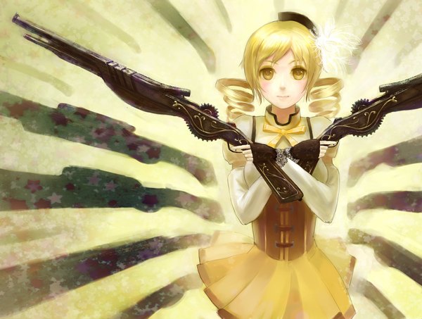 Anime picture 2000x1512 with mahou shoujo madoka magica shaft (studio) tomoe mami denki long hair highres blonde hair smile yellow eyes drill hair girl dress weapon hat gun rifle gears musket