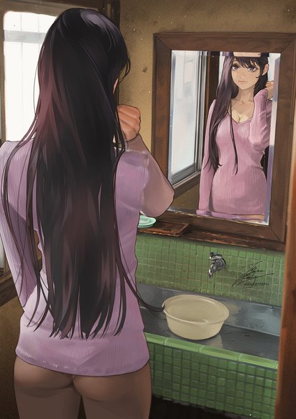 Anime picture 1061x1500 with original fadingz single long hair tall image fringe breasts light erotic black hair standing purple eyes signed looking away cleavage ass indoors long sleeves arm up mole mole under eye