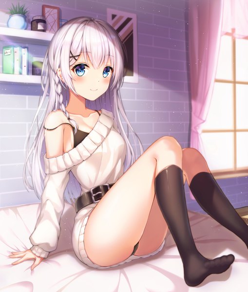 Anime picture 3141x3700 with original dangmyo single long hair tall image looking at viewer blush fringe highres breasts blue eyes light erotic smile hair between eyes sitting absurdres silver hair bent knee (knees) ass indoors