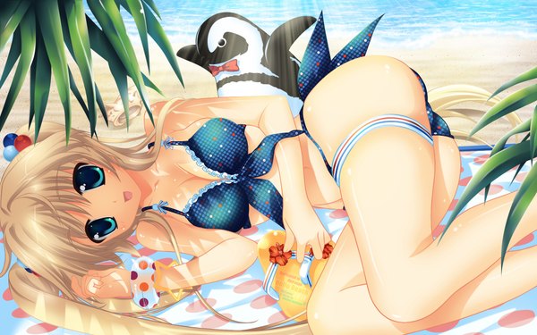 Anime picture 1920x1200 with original fujima takuya single long hair looking at viewer highres breasts open mouth blue eyes light erotic blonde hair beach girl flower (flowers) swimsuit animal bikini bracelet bird (birds) penguin