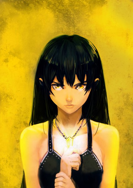 Anime picture 2480x3508 with original okuto single long hair tall image fringe highres black hair bare shoulders yellow eyes upper body yellow background hands clasped frown girl pendant fist