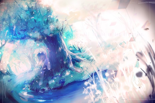 Anime picture 1680x1120 with vocaloid hatsune miku apou single long hair sitting eyes closed light stream girl plant (plants) tree (trees) water