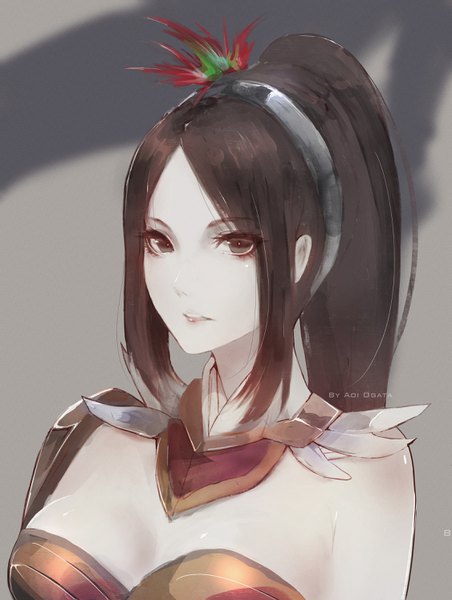 Anime picture 2250x2988 with heroes of incredible tales aoi ogata single long hair tall image looking at viewer highres light erotic black hair signed payot cleavage upper body ponytail parted lips hair flower grey eyes lipstick shiny skin portrait