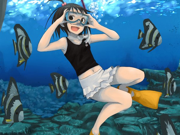 Anime picture 1280x960 with short hair black hair midriff happy underwater skirt shirt sea fish (fishes) diving mask okiru