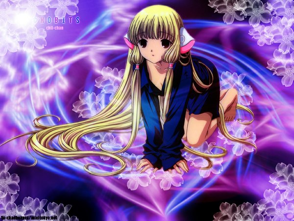 Anime picture 1024x768 with chobits chii single fringe light erotic blonde hair brown eyes payot looking away full body blunt bangs very long hair barefoot arm support bare legs :o open shirt copyright name character names sleeves past wrists