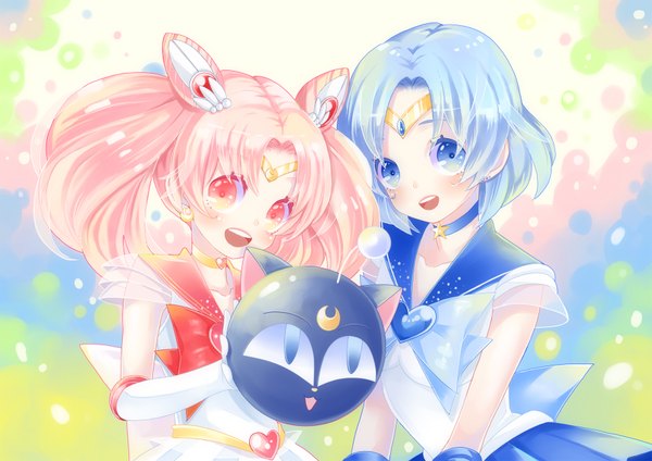 Anime picture 1754x1240 with bishoujo senshi sailor moon toei animation chibiusa mizuno ami sailor mercury sailor chibi moon luna p kochakko long hair blush highres short hair open mouth blue eyes red eyes twintails multiple girls yellow eyes blue hair pink hair