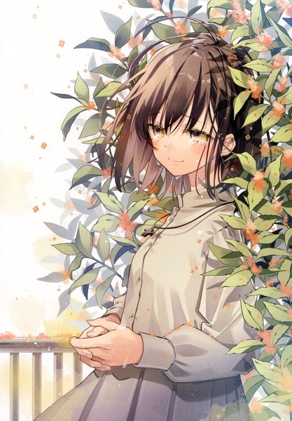 Anime-Bild 3208x4619 mit original oshio (dayo) single tall image looking at viewer blush fringe highres short hair hair between eyes brown hair standing yellow eyes absurdres upper body long sleeves wind scan tears hands clasped