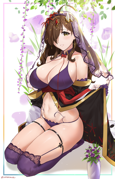 Anime picture 1242x1920 with kono subarashii sekai ni shukufuku wo! studio deen wiz (konosuba) sendrawz single long hair tall image looking at viewer blush fringe breasts light erotic simple background brown hair white background sitting signed yellow eyes cleavage full body