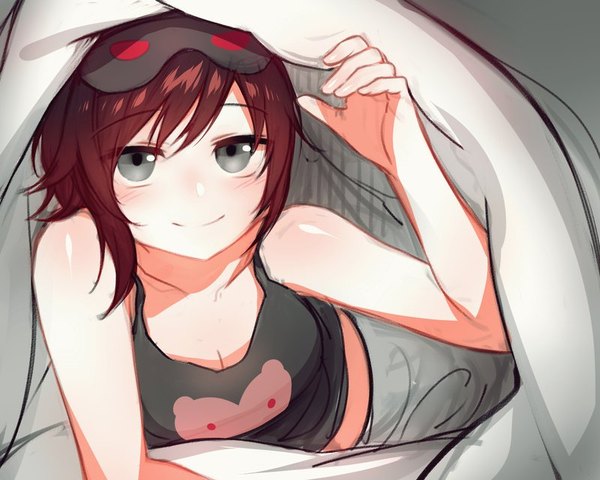 Anime picture 800x640 with rwby rooster teeth ruby rose ndgd (bean1215) single looking at viewer blush fringe short hair breasts simple background smile hair between eyes bare shoulders payot red hair lying arm up grey background grey eyes