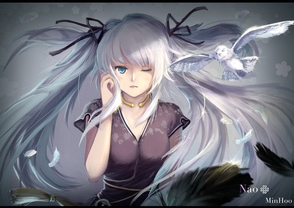 Anime picture 3508x2480 with mabinogi nao (mabinogi) minhoo single long hair looking at viewer fringe highres breasts blue eyes simple background twintails signed absurdres lips grey hair character names adjusting hair girl ribbon (ribbons)