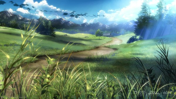 Anime picture 1280x720 with eden* minori wide image sky cloud (clouds) mountain landscape scenic plant (plants) tree (trees) grass road