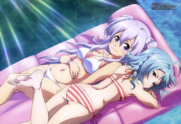 Anime picture 5934x4081 with gakusen toshi asterisk megami magazine toudou kirin sasamiya saya long hair highres short hair breasts blue eyes light erotic smile red eyes multiple girls blue hair absurdres silver hair official art girl navel 2 girls