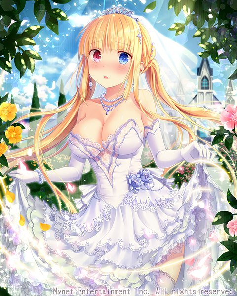Anime picture 640x800 with falkyrie no monshou natsumekinoko single long hair tall image looking at viewer blush fringe breasts open mouth blue eyes light erotic blonde hair large breasts standing twintails bare shoulders holding payot sky