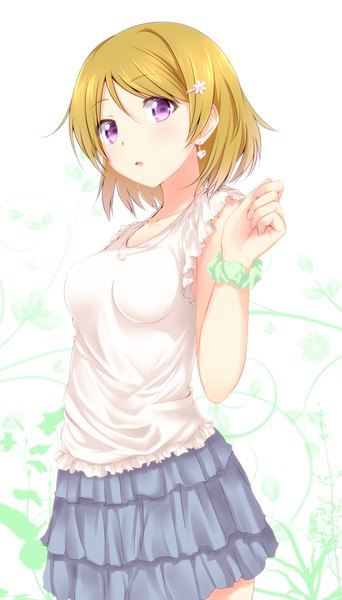 Anime picture 571x1000 with love live! school idol project sunrise (studio) love live! koizumi hanayo yuki (sangeki5806) single tall image looking at viewer short hair open mouth blonde hair white background purple eyes wrist scrunchie girl earrings hairclip scrunchie