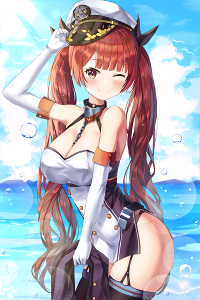Anime picture 800x1200 with azur lane honolulu (azur lane) ruda (ruda e) single long hair tall image looking at viewer blush fringe breasts light erotic smile large breasts standing twintails holding brown eyes payot sky cloud (clouds)