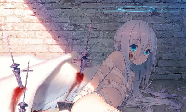 Anime picture 825x500 with original ac (eshi) single long hair looking at viewer fringe open mouth blue eyes light erotic wide image pink hair pointy ears :o tears crying white wings angel bleeding naked bandage girl