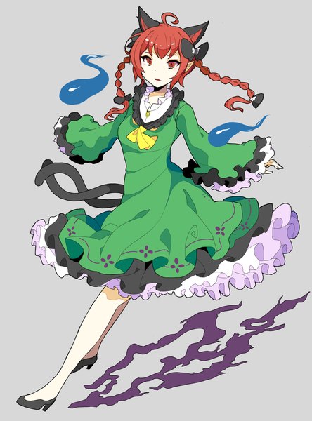 Anime picture 1832x2474 with touhou kaenbyou rin akiposo2580 single long hair tall image looking at viewer highres open mouth simple background red eyes standing animal ears payot ahoge red hair tail braid (braids) long sleeves animal tail
