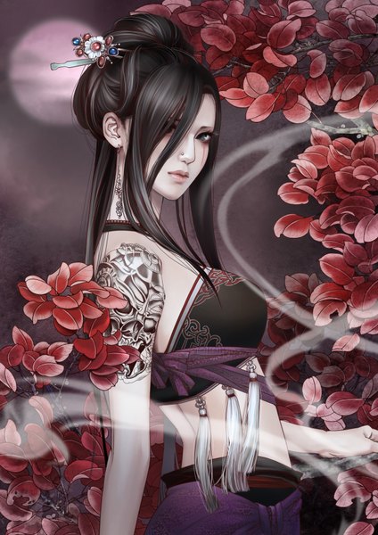 Anime picture 2480x3508 with jianxia qingyuan 3 zhang xiao bai single long hair tall image fringe highres blue eyes black hair absurdres lips hair over one eye realistic tattoo piercing girl hair ornament leaf (leaves) hairpin (hairpins)