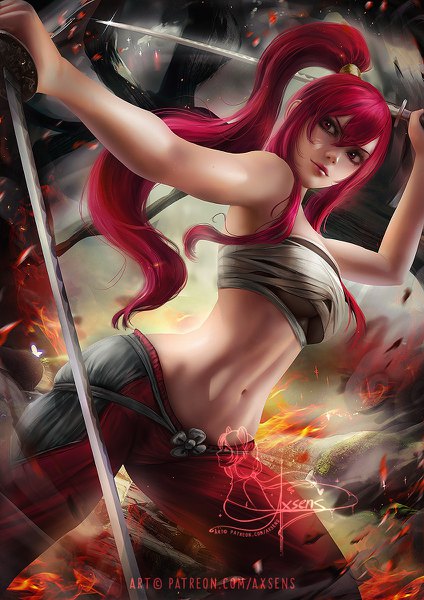Anime picture 848x1200 with fairy tail erza scarlet axsen single long hair tall image fringe breasts light erotic hair between eyes red eyes standing holding signed payot looking away ponytail red hair realistic from below