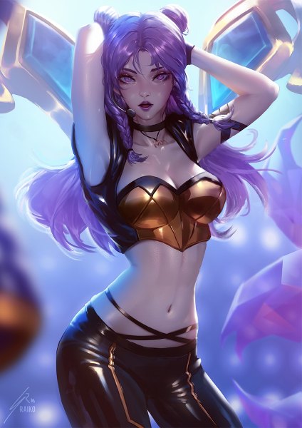 Anime picture 848x1200 with league of legends k/da (league of legends) kai'sa k/da kai'sa raikoart single long hair tall image looking at viewer fringe open mouth standing purple eyes signed cleavage purple hair braid (braids) lips realistic arms up