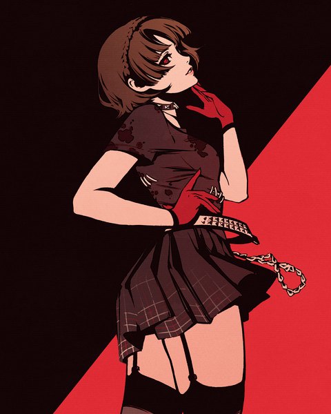 Anime picture 864x1080 with persona 5 persona niijima makoto moshimoshibe single tall image short hair simple background red eyes brown hair standing braid (braids) parted lips profile pleated skirt arm up short sleeves crown braid high contrast girl