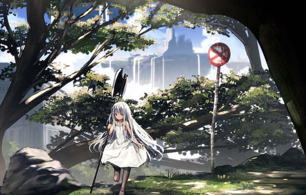 Anime picture 1409x900 with original haru (ryosios) ryosios single long hair looking at viewer fringe blue eyes hair between eyes red eyes holding payot silver hair full body outdoors heterochromia fantasy walking scenic rock