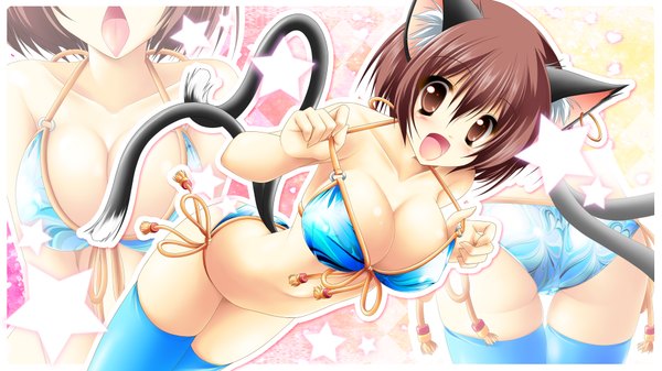 Anime picture 1920x1080 with touhou chen kamiya tomoe highres short hair open mouth light erotic brown hair wide image brown eyes animal ears cat girl zoom layer girl thighhighs swimsuit bikini