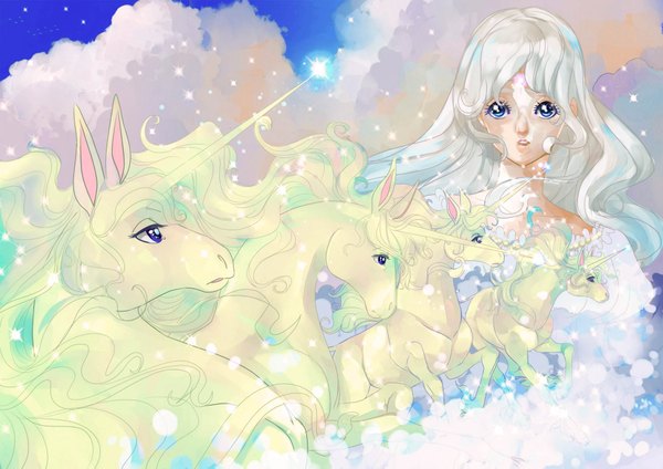 Anime picture 1900x1343 with the last unicorn disney lady amalthea masakohime (artist) long hair highres blue eyes sky cloud (clouds) white hair multicolored hair horn (horns) grey hair aqua hair girl animal unicorn