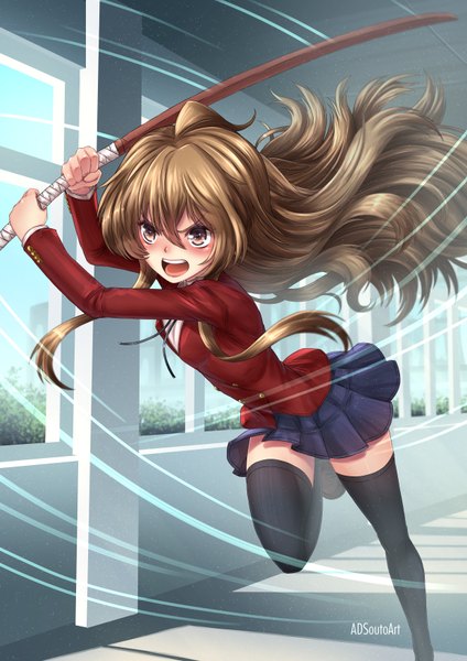 Anime picture 1240x1754 with toradora j.c. staff aisaka taiga adsouto single long hair tall image blush fringe open mouth hair between eyes brown hair holding brown eyes signed payot looking away ahoge bent knee (knees) indoors