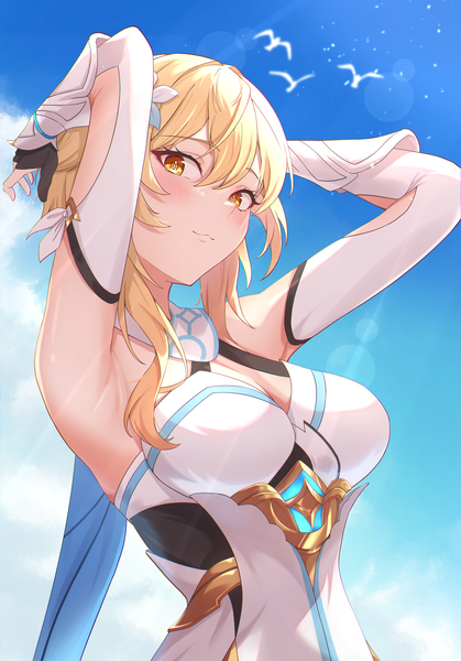 Anime picture 2894x4142 with genshin impact lumine (genshin impact) vic 1223 single tall image looking at viewer blush fringe highres short hair breasts light erotic blonde hair smile hair between eyes large breasts yellow eyes sky cloud (clouds) upper body