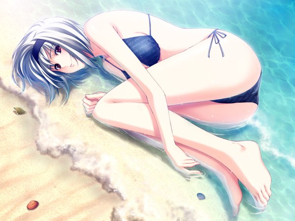 Anime picture 1600x1200 with primitive link purple software sione sugina miki single looking at viewer blush short hair light erotic red eyes silver hair wallpaper beach summer girl swimsuit bikini water hairband sea