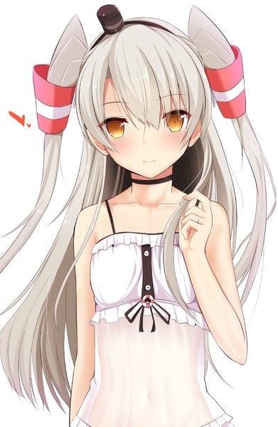 Anime picture 652x1000 with kantai collection amatsukaze destroyer takeyuu single long hair tall image looking at viewer blush fringe simple background white background bare shoulders brown eyes silver hair two side up alternate costume girl hair ornament hat choker