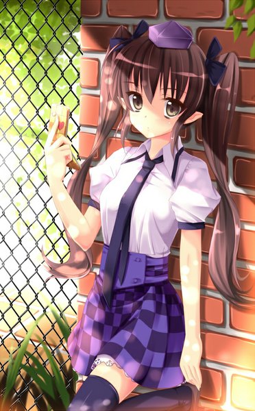 Anime picture 600x966 with touhou himekaidou hatate angel koman single long hair tall image brown hair twintails brown eyes bent knee (knees) sunlight zettai ryouiki checkered skirt girl thighhighs skirt uniform bow black thighhighs plant (plants)