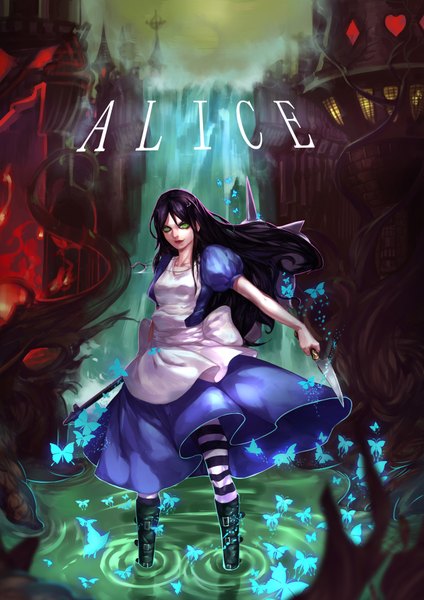 Anime picture 1240x1754 with american mcgee's alice (game) alice: madness returns alice (american mcgee's) pixiv id=3187682 single long hair tall image looking at viewer black hair green eyes wind inscription puffy sleeves waterfall girl dress bow weapon pantyhose water