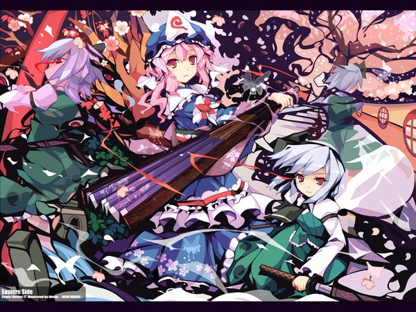Anime picture 1600x1200 with touhou konpaku youmu saigyouji yuyuko myon ideolo short hair multiple girls pink hair silver hair traditional clothes japanese clothes orange eyes cherry blossoms floral print letterboxed ghost multiple persona girl flower (flowers) weapon