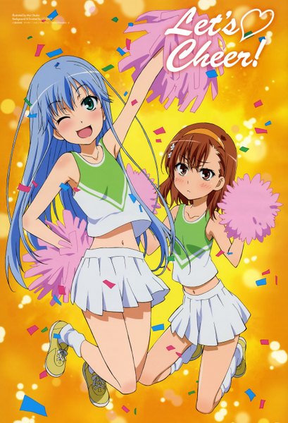 Anime picture 4088x5997 with to aru majutsu no index j.c. staff misaka mikoto index ootsuka mai long hair tall image blush highres short hair open mouth brown hair multiple girls brown eyes green eyes blue hair absurdres one eye closed wink cheerleader
